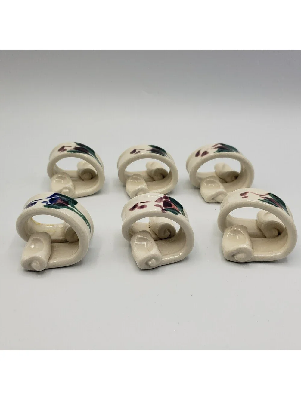 Art Pottery Napkin Rings Set of 6 White Purple Flower Hand Made Artisan